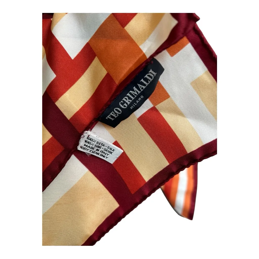 TEO Grimaldi Milano Floral Squared Patterned 100% Silk Twill Scarf Size XL Orange - Image 5