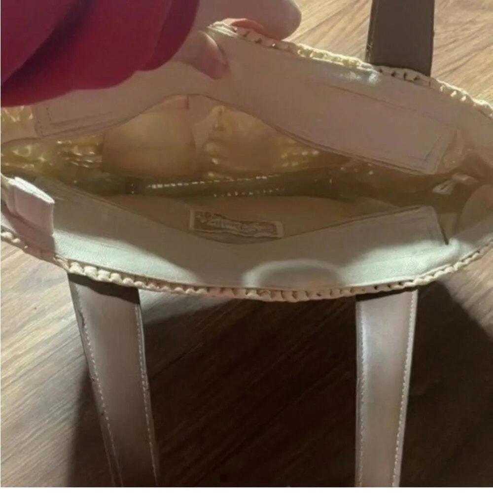 EUC capelli straw Rattan brown handled polka dot, purse bag Blue - Image 8