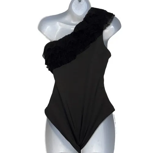 ENDLESS ROSE Elegant Black Tulle Ruffled One Shoulder Bodysuit EUC‎ Medium - Image 5
