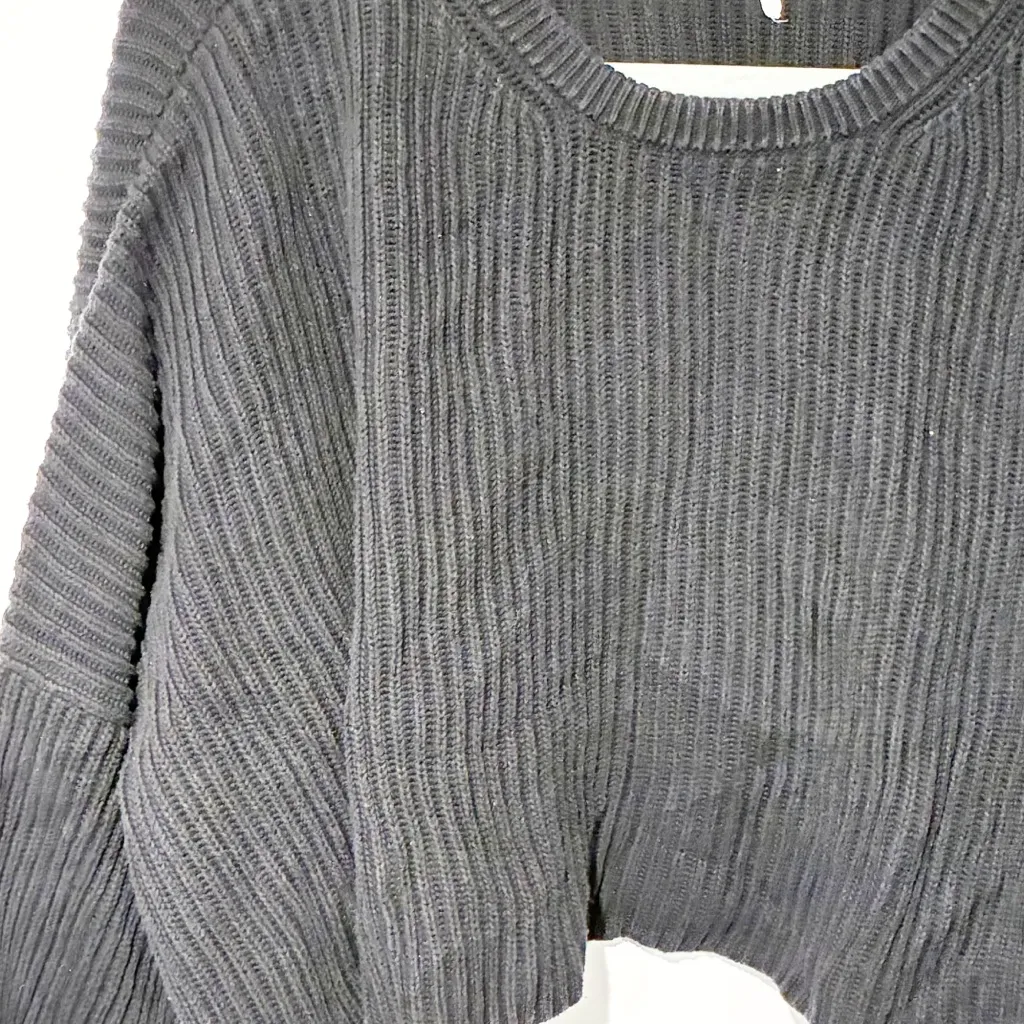 Free People Black Ribbed Cropped Oversized Crewneck Sweatshirt Thick Knit XS - Image 2