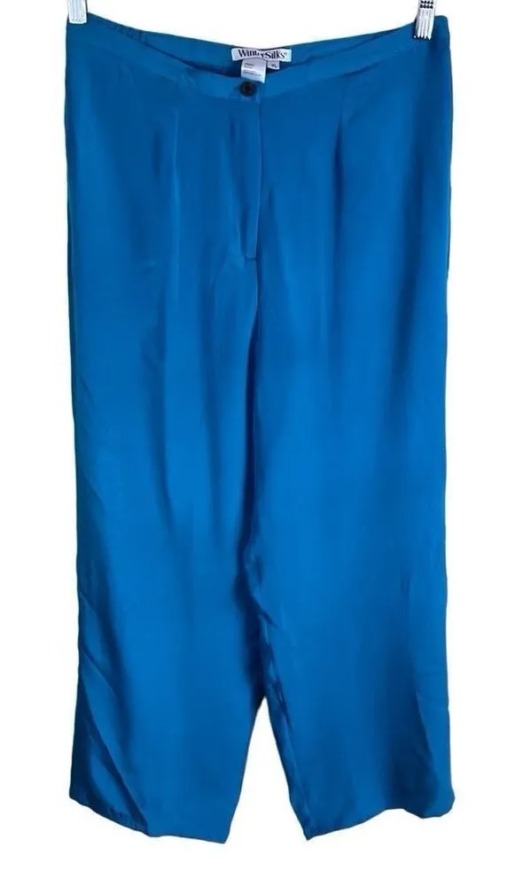 WinterSilks Womens 100% Silk Wide Leg Turquoise Blue Pant Size Petite Large - Image 1