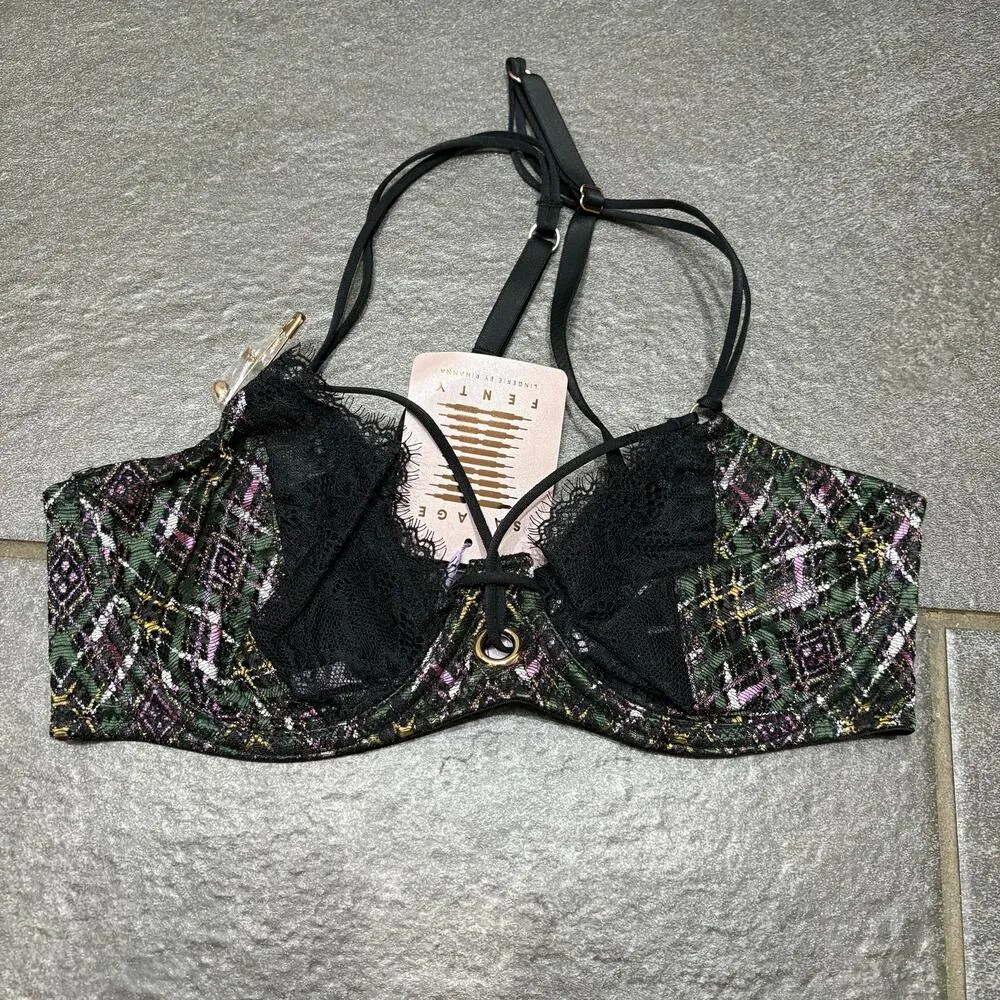 Savage X Fenty A Little Tart Unlined Bra Black Lace Plaid 32D Plunge Feminine Size undefined - Image 4