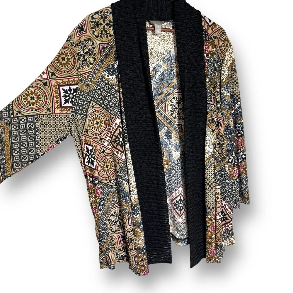 Chico's Cardigan XL Boho Patchwork Gypsy Open Front Long Line‎ Easywear Stretch - Image 2