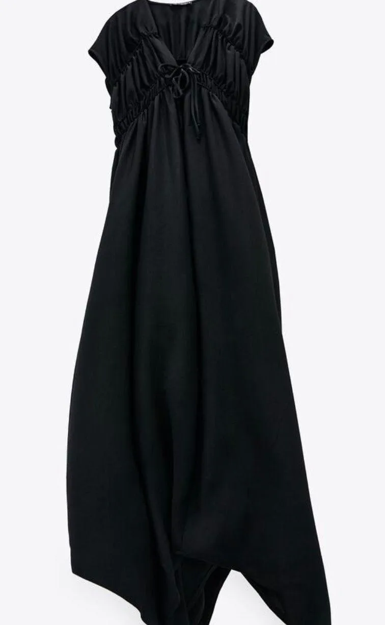 NWT  Black Long Dress W Front Ties & Ruching - Image 3