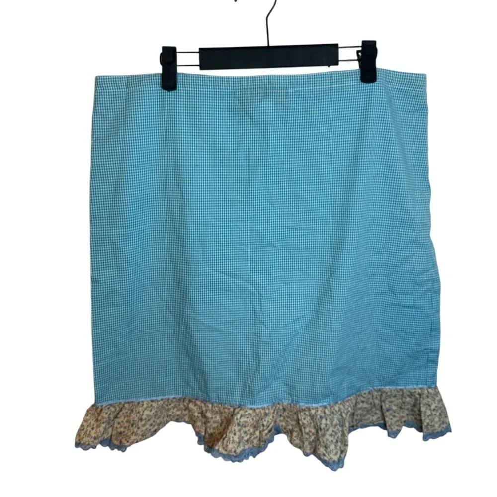 Beebop & Wally Vintage Cottagecore Blue Gingham Floral Lace Trim Skirt Size L - Image 2
