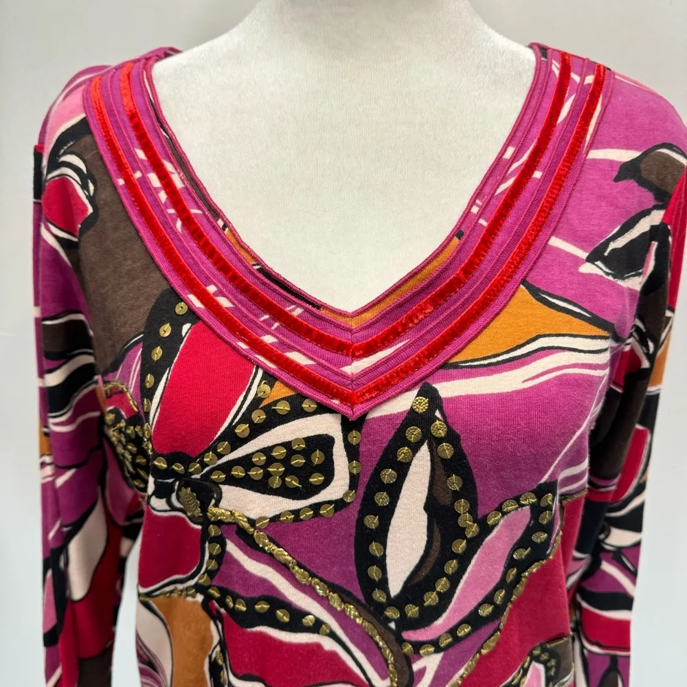Soft Surroundings Bold Abstract Floral Beaded Sequins 100% Cotton Top Medium - Image 4