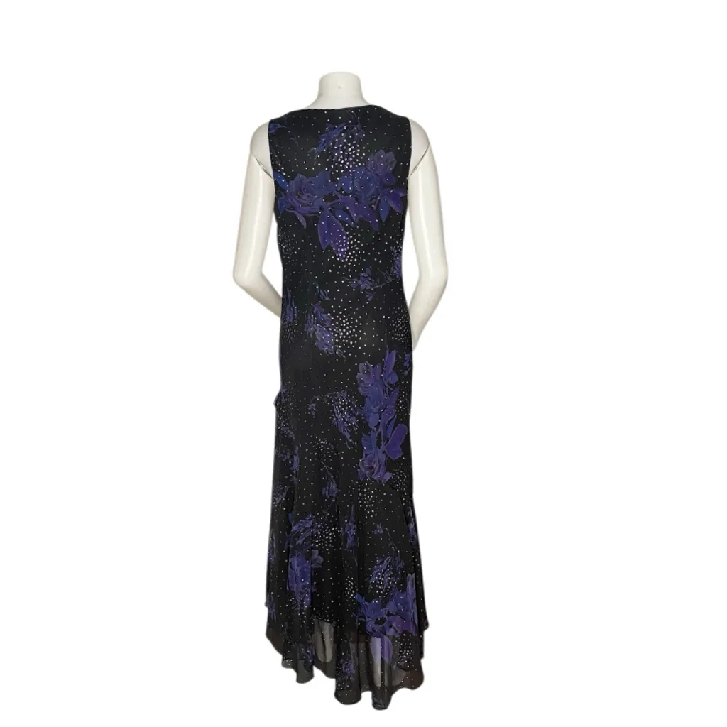 JESSICA HOWARD Black Sleeveless Gown Purple Floral Glitter Embellish Cowl Neck - Image 2