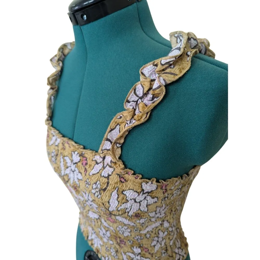 Aerie Jungle Thrills Smocked Crop Tank Top Ruffle Straps Yellow Floral Size S - Image 3