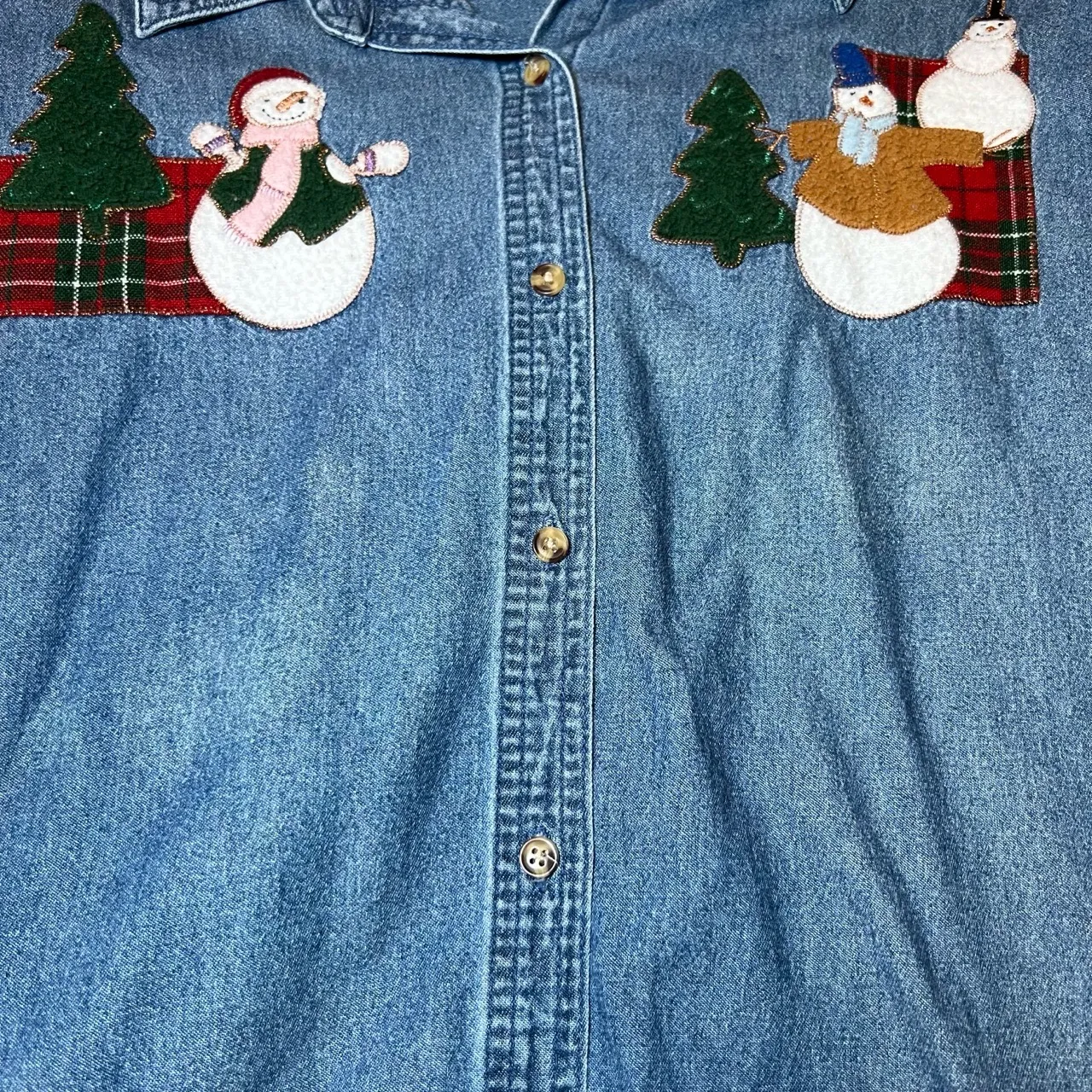 Vintage Christmas Denim Button Up Shirt Womens 2X‎ Blue Holiday Embroidered Snow - Image 7