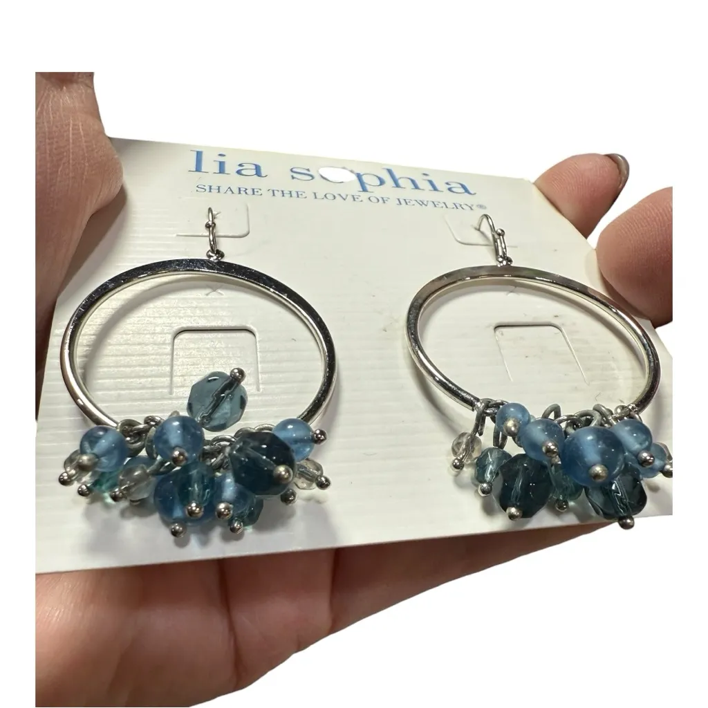 Lia Sophia “Misty Blue” Silver Tone Hoop Earrings • Multi-Color Glass Beads NWT - Image 2