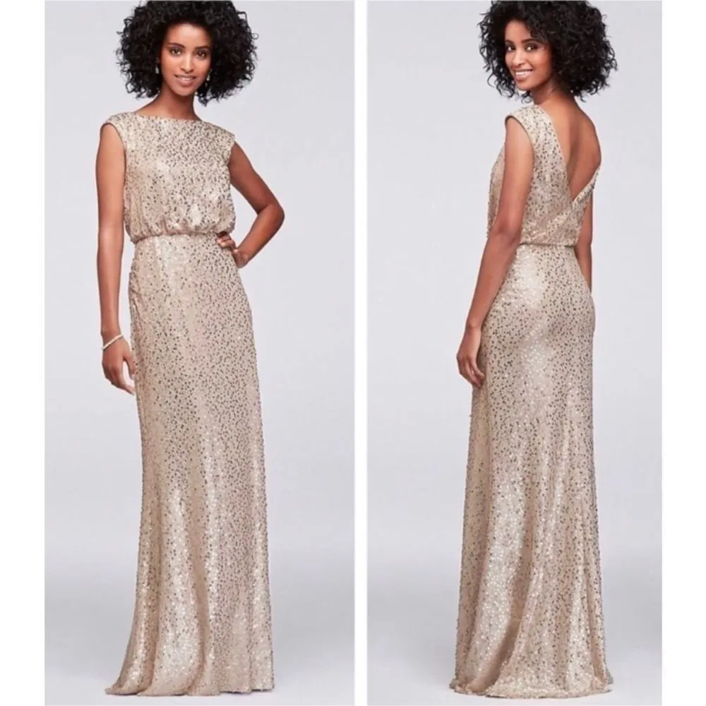 David’s Bridal Long Sequin‎ Sheath Blouson Maxi Dress Gown Cap Sleeves Gold XS - Image 2