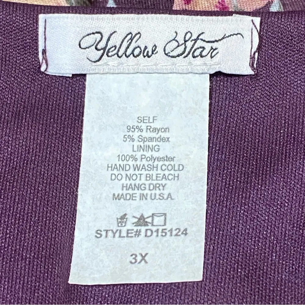 Yellow Star Burgundy Floral Midi Dress Faux Wrap Cottagecore Romantic 3X Purple - Image 3