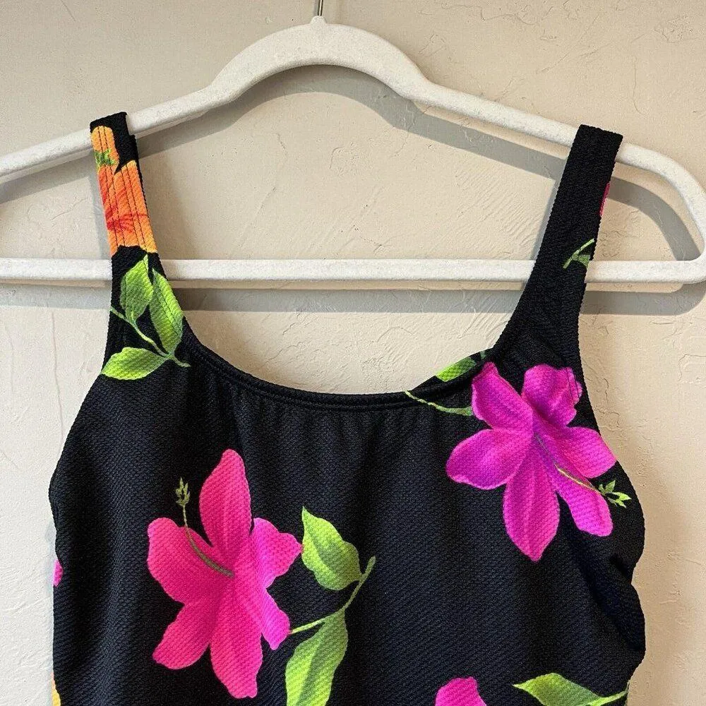 LONGITUDE Vintage floral purple green black bold colored one piece swimsuit sz 8 - Image 4