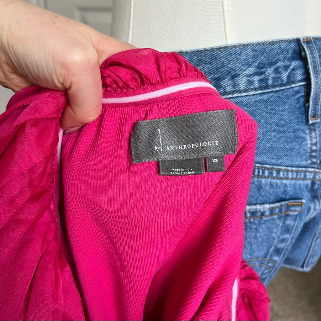 Anthropologie Off-The-Shoulder Hot Pink Organza Ruffle Top - Image 3