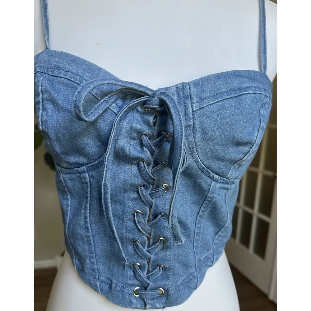 Iris  Denim Tank Top Shirt Sleeveless Lace Up Stretch Size Large - Image 2