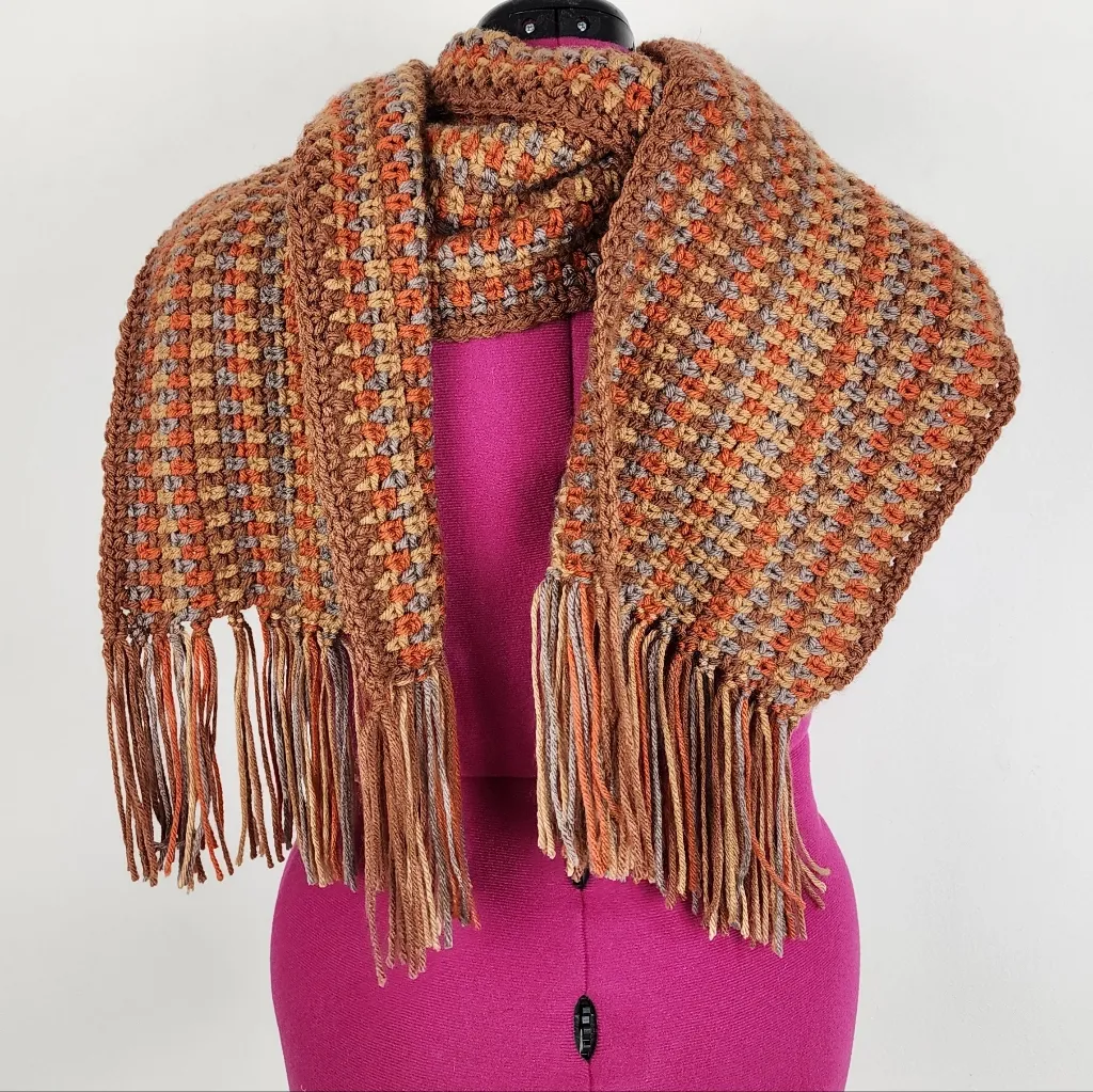 New Handmade Crochet Scarf Fringes Orange Beige Taupe Brown - Image 9