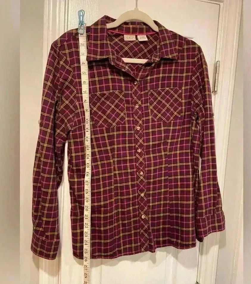 L.L. Bean Purple Pink Cotton Plaid Flannel Roll Tab Sleeve Button Down Size S - Image 5