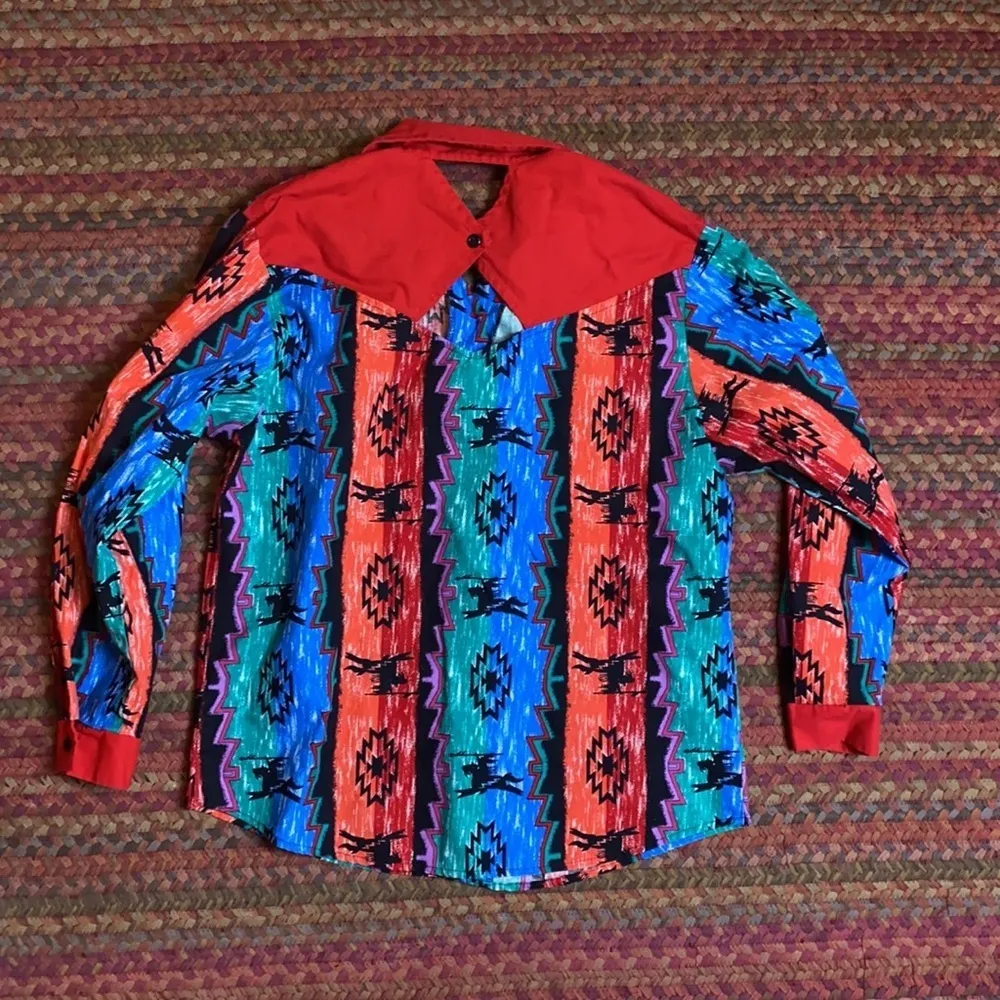 VTG OZARK MOUNTAIN WESTERN COWBOY TRIBAL PRINT BUTTON UP SHIRT Black - Image 7