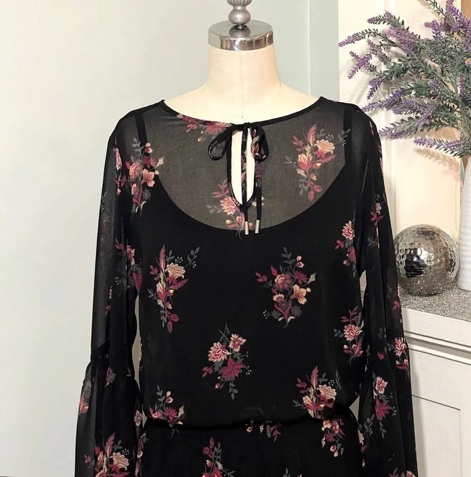 White House Black Market Bell Sleeve Floral Print Dress Black & Pink Size Small - Image 5