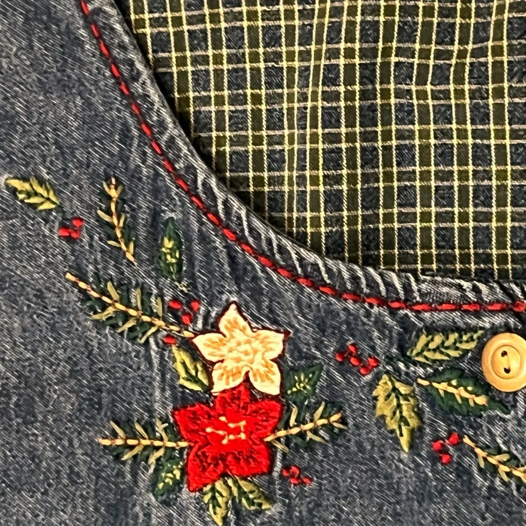 Vtg 90s Embroidered Denim Jumper Dress Sz M Maxi Button Up Modest Cottagecore Blue Size M - Image 2