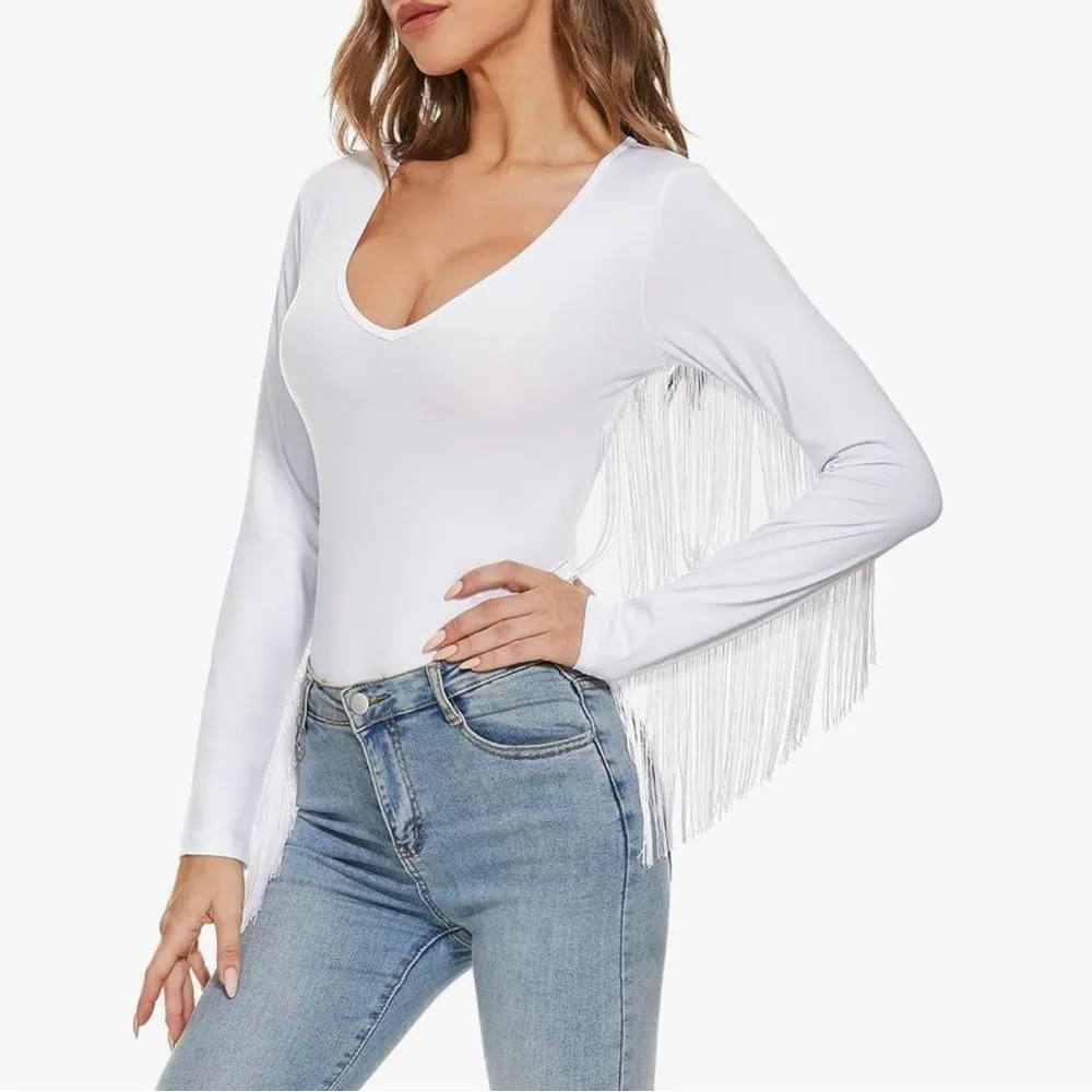 American Trends White Fringe Trim V Neck Long Sleeve Bodysuit Cowgirl Jumpsuit L Size L - Image 7