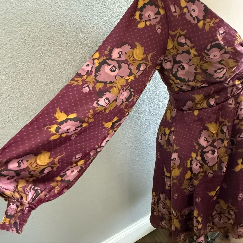 Free People Purple Gold Morning‎ Floral Mini Dress Size 12 Boho - Image 5