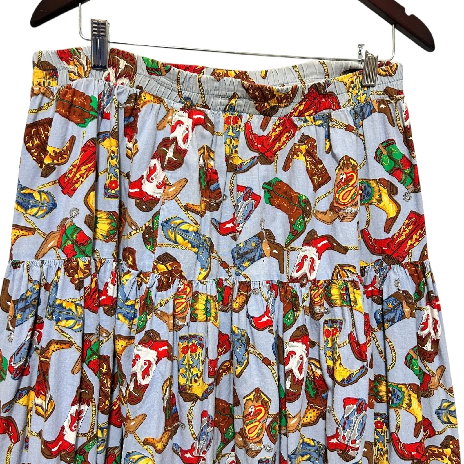 VTG On The Ranch Women Midi Skirt M Blue Western Boot Print Ranch Cowgirl Rodeo Size M - Image 3