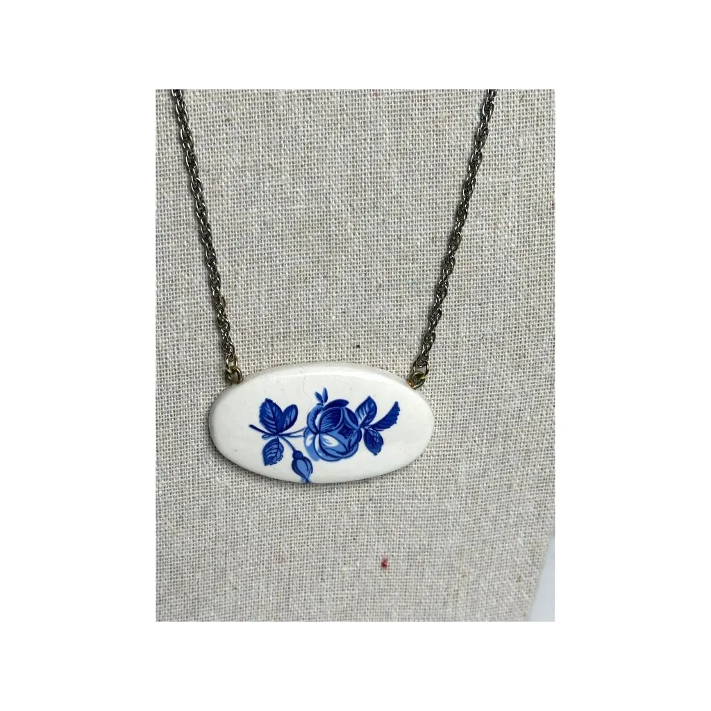 Vintage Blue Rose Ceramic Pendant Necklace With Chain Timeless Jewelry READ - Image 2