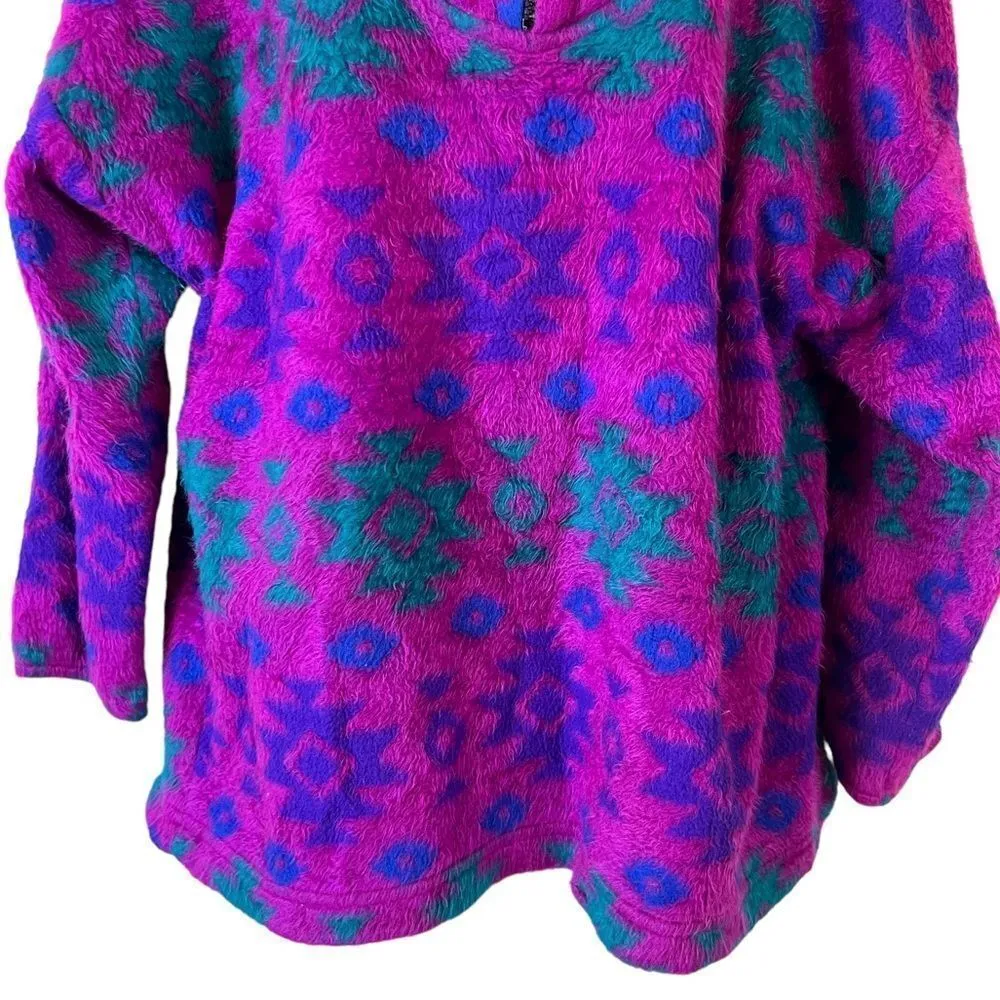 Vintage 90s Tribal Fuchsia Fleece Hoodie Pullover Sweater Purple Size L - Image 4