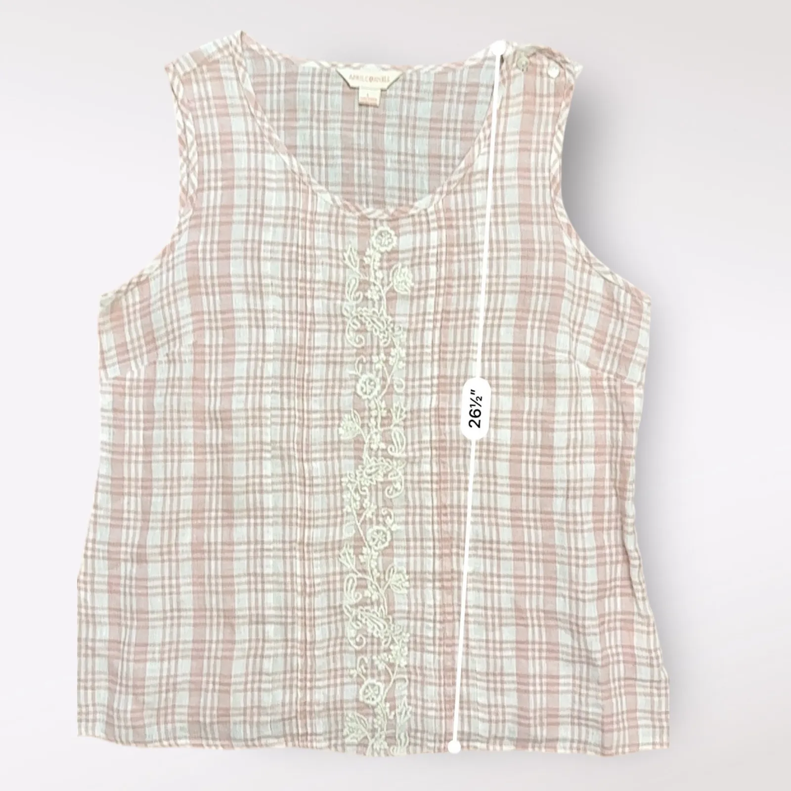April Cornell Linen‎ Tank L Pink White Plaid Sleeveless Boho Cottagecore Size L - Image 6