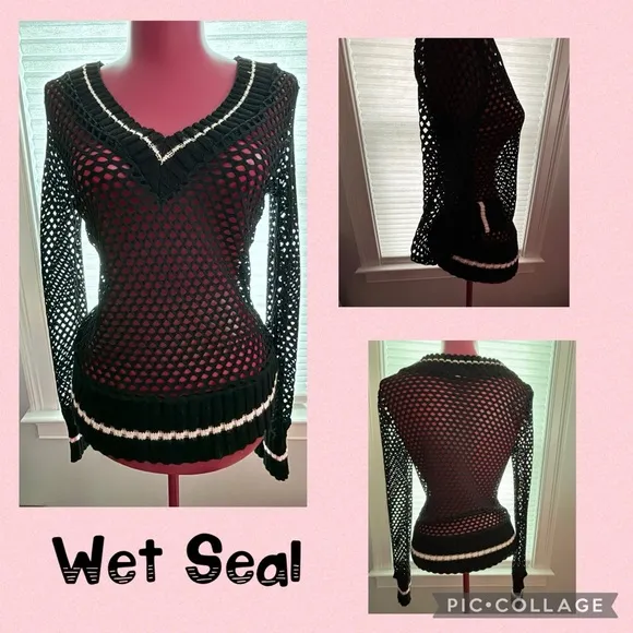 Vintage 2000s Wet Seal black mesh lone sleeve v neck sweater size Medium - Image 2