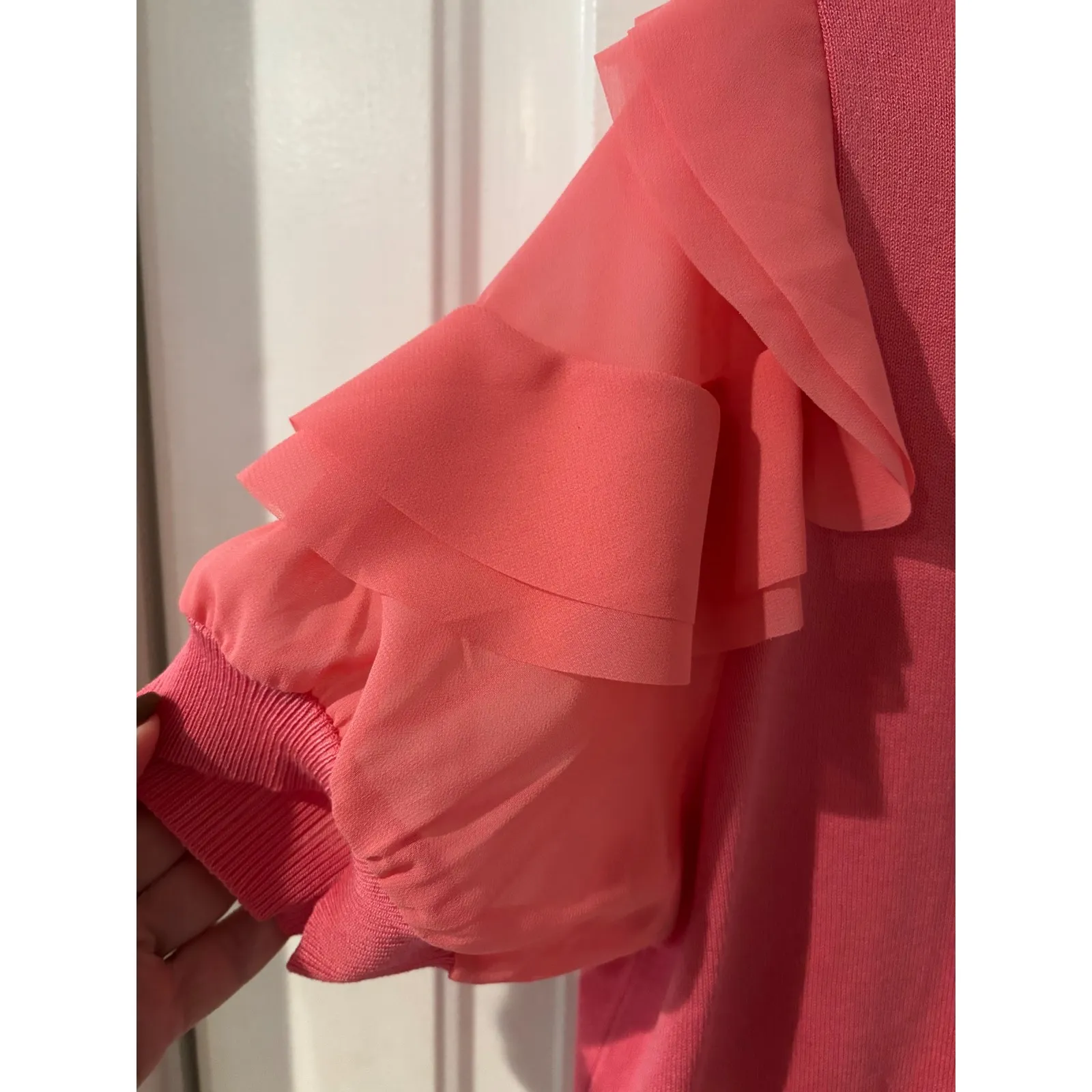 Nanette Lepore Pink Ruffle Sleeve Knit Sweater Top Women's Size L - Image 2