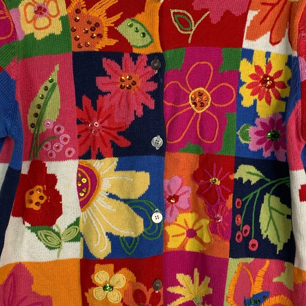 Vtg 90's Knit Top Short Sleeve Sweater Shirt Floral Embroidered Flowers Sz Large - Image 6