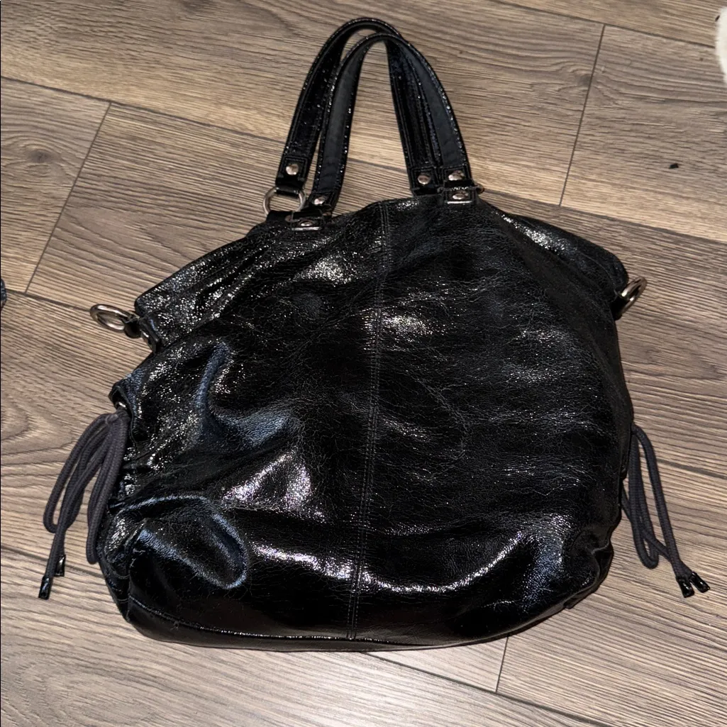 AUTH COACH POPPY GLOSSY CRINKLE PATENT LEATHER SATCHEL BAG PURSE 13869 BLACK - Image 10