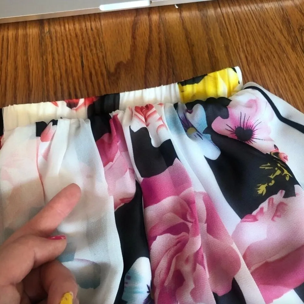 CUPIO Black White Stripe Pink Red Blue Multi Floral Sheer Lined Midi Skirt Small - Image 15