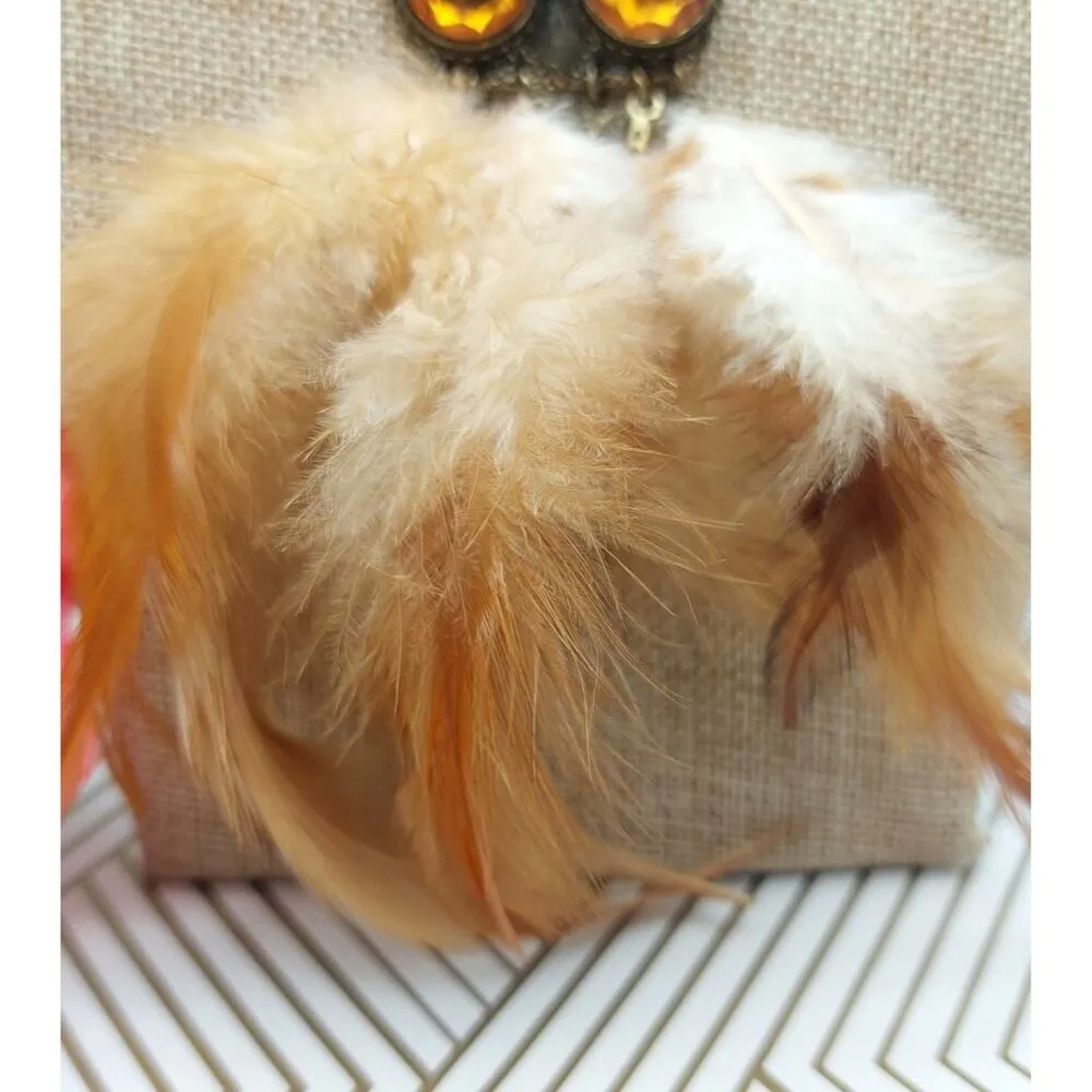 Unique OWL Necklace Brown Feather Body Amber Color Crystal Eyes Gold Tone Chain - Image 4