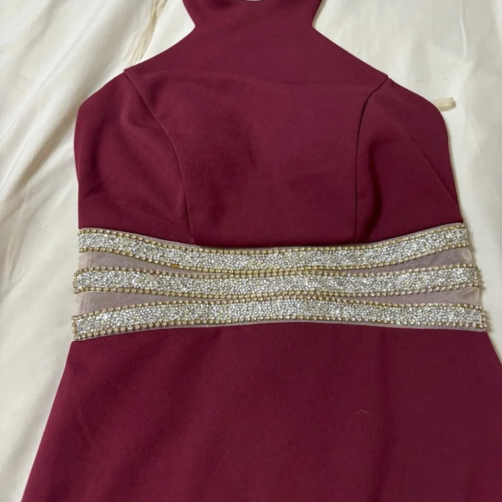 Windsor Elegant Burgundy Dress with Gold Accents - Image 3