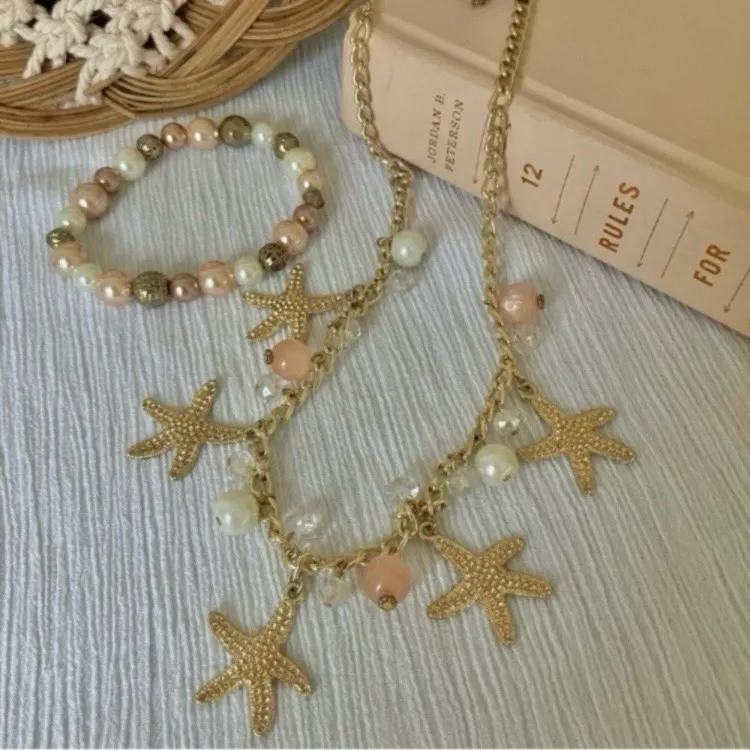 Set Pearl Starfish Charm Pink Gold White Earrings Necklace Bracelet - Image 7