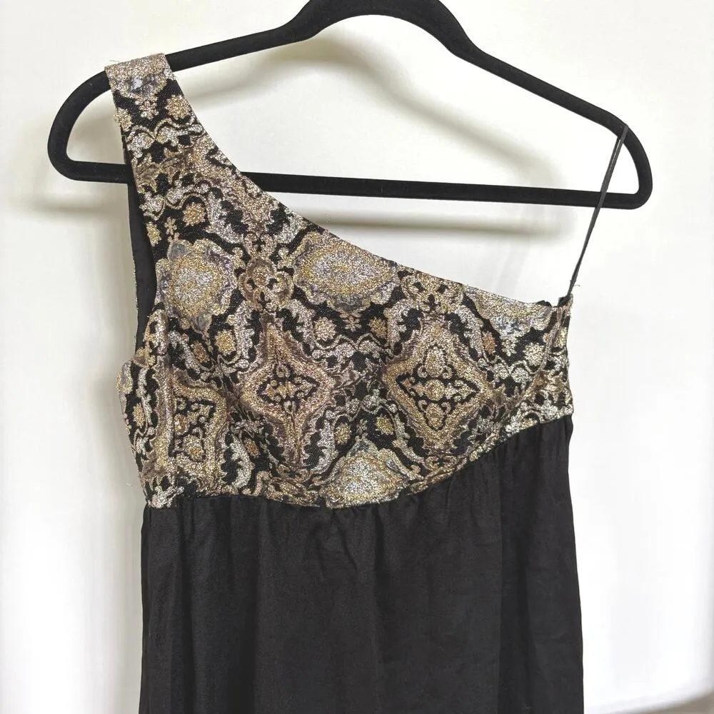 Vintage Gold Embroidered Black Maxi One Shoulder Evening Gown Long Dress 9 - Image 2