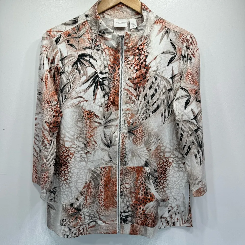 Weekends by Chico’s Zip Front Leaves & Animal Print 3/4 Sleeve Jacket Sz 1/Med - Image 2