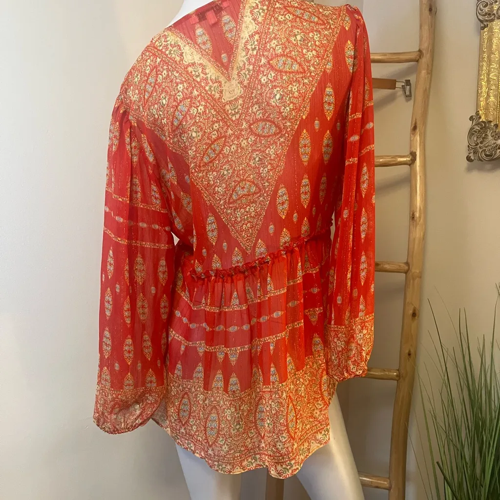 Rose + Olive Women's Sheer Long Sleeve Blouse Red Metallic Size Medium - Image 4