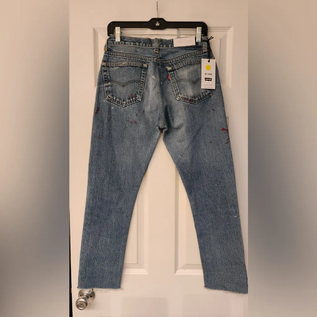 REDONE Blue Relaxed Crop Red Paint Splatter Women’s Cotton Denim Jeans Size 24 - Image 3