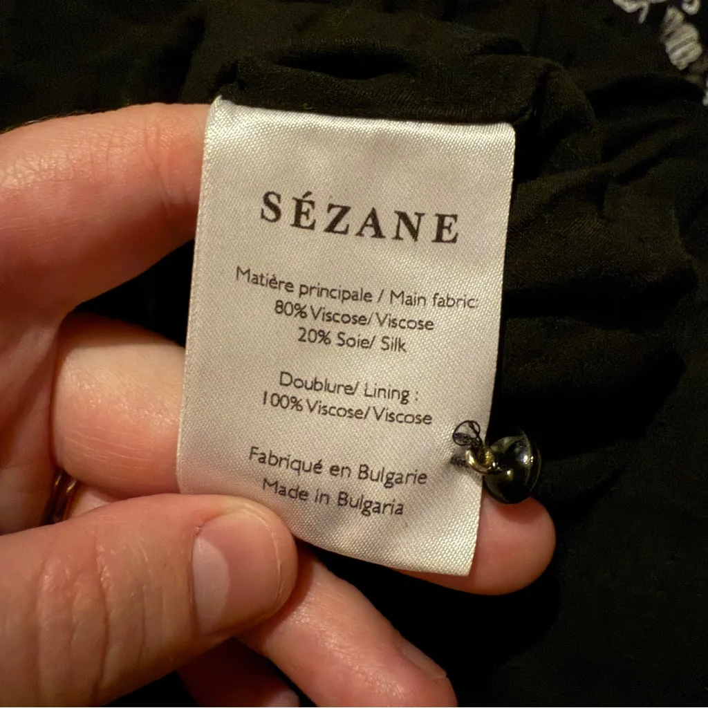 Sezane‎ Leana Black & White Floral Silk Blend Long Sleeve Shift Mini Dress Sz 38 - Image 7