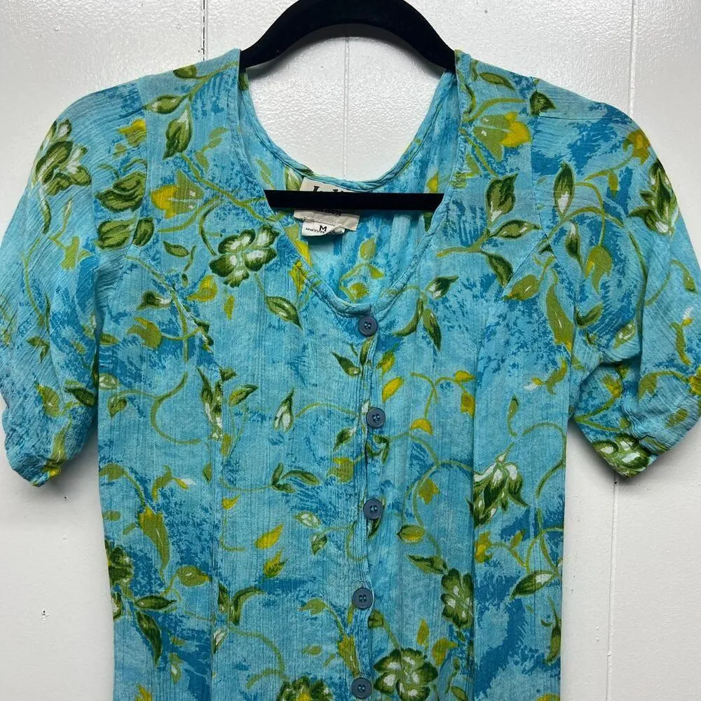 Julia Womens Vintage Floral Blue Gauzy Dress Size Small Short Sleeve Midi Length - Image 3