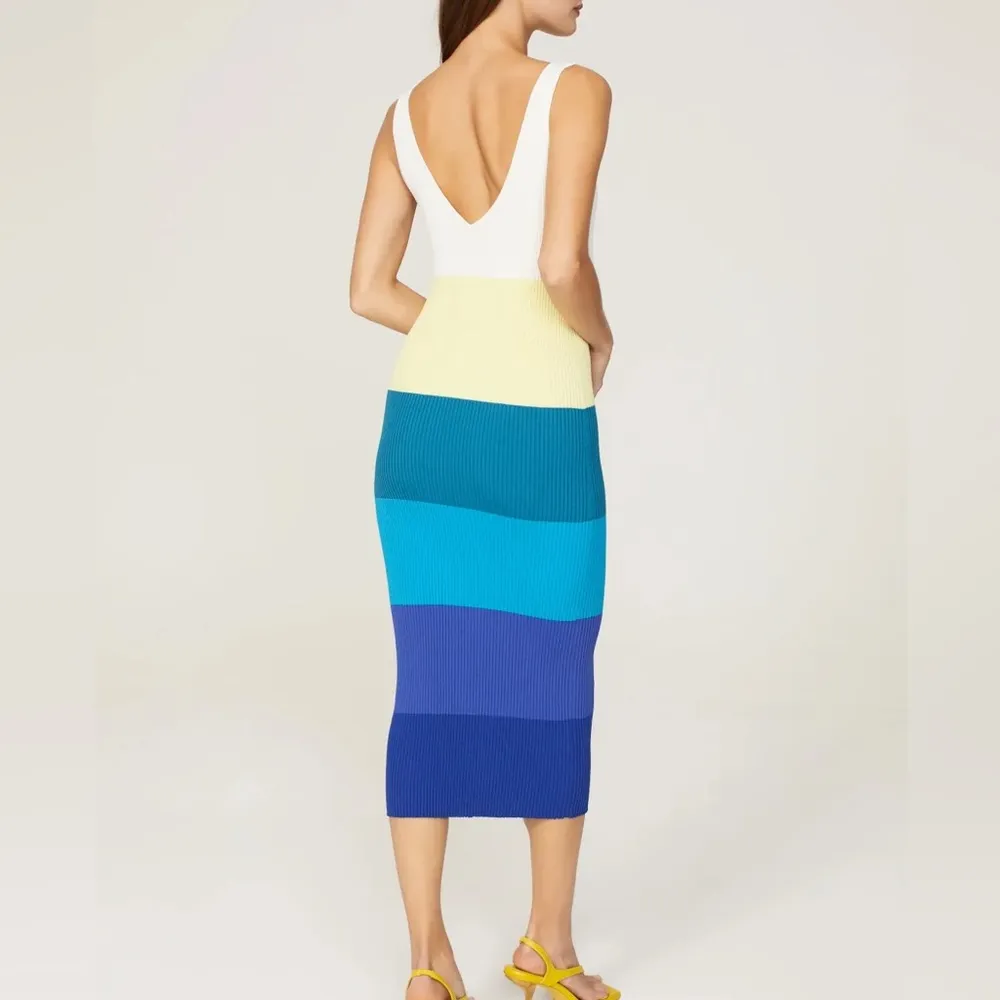 STAUD Dana Colorblock Striped Ribbed Midi Bodycon Medium White - Image 4