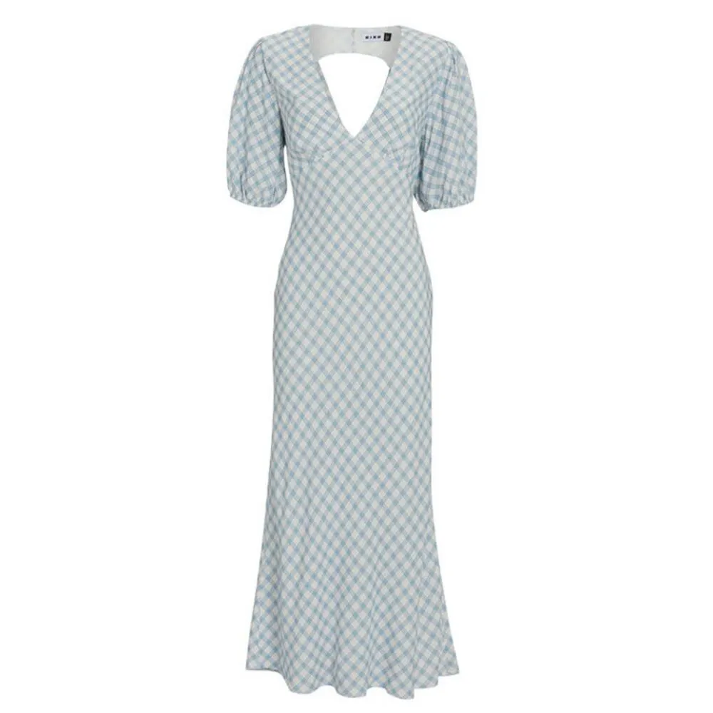 RIXO Blue White Checkered Steph Crepe Tie Back Puff Sleeves Midi Dress Size 10 - Image 3