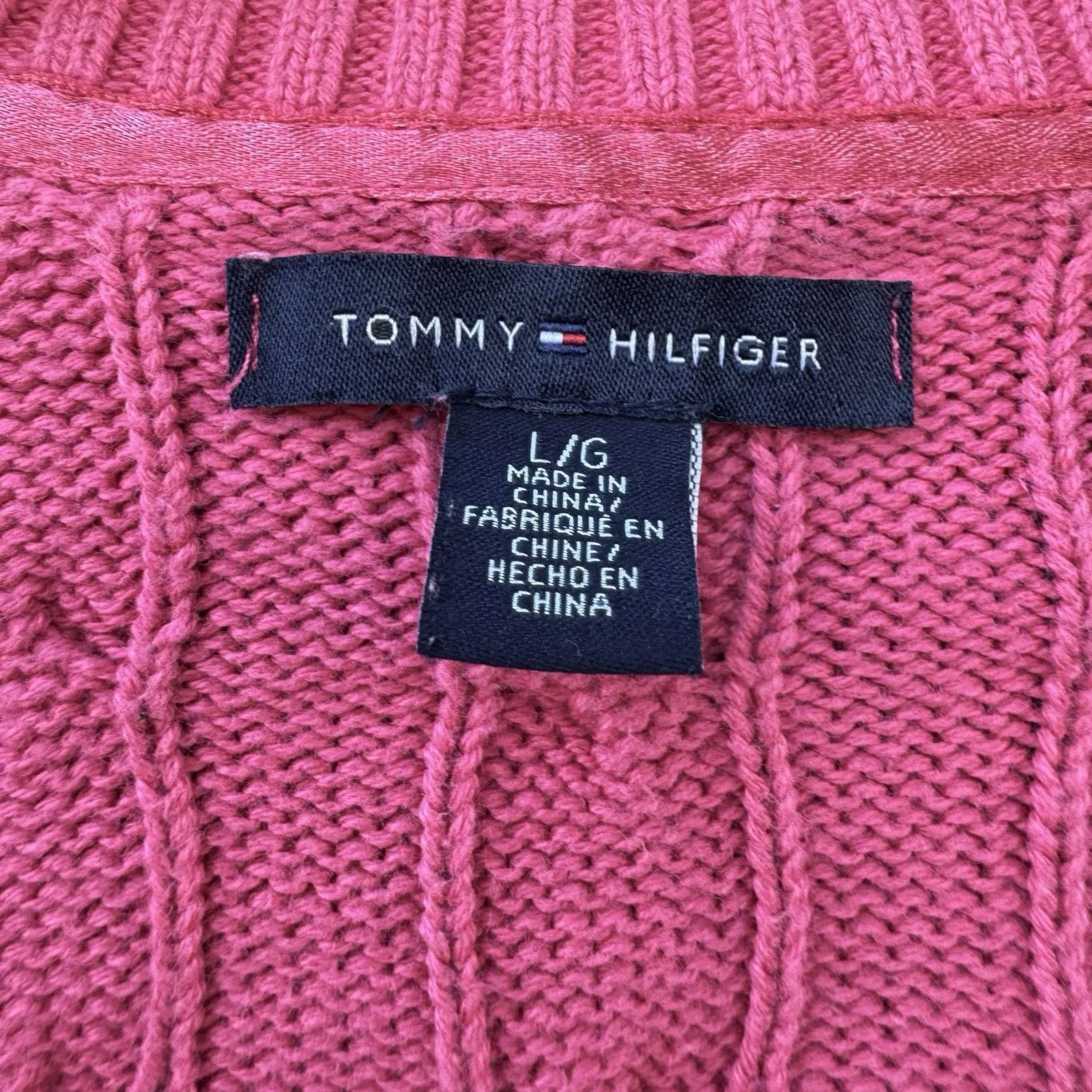 Tommy Hilfiger Y2K Cable Knit Sweater Size L Pink Academia Preppy Fitted Vintage - Image 5