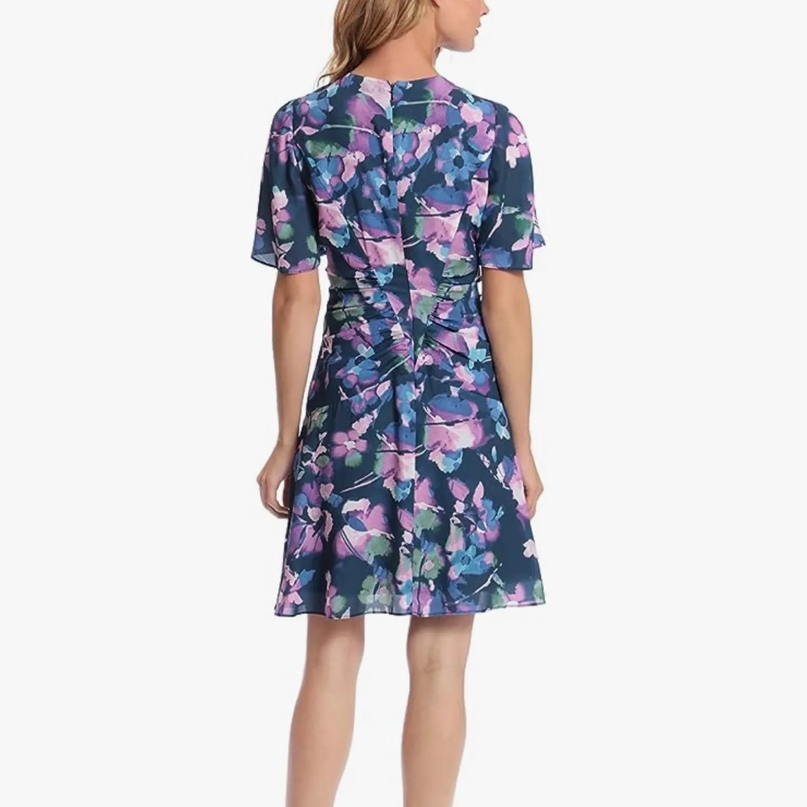 Donna Morgan V-Front Bell Sleeve‎ Navy Blue & Pink Floral Mini Dress Size 4 - Image 2