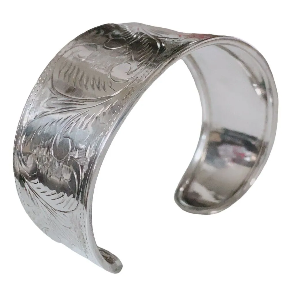Women’s Sterling Silver Wide Cuff Bracelet with Details Signed 925 Thailand - Image 6