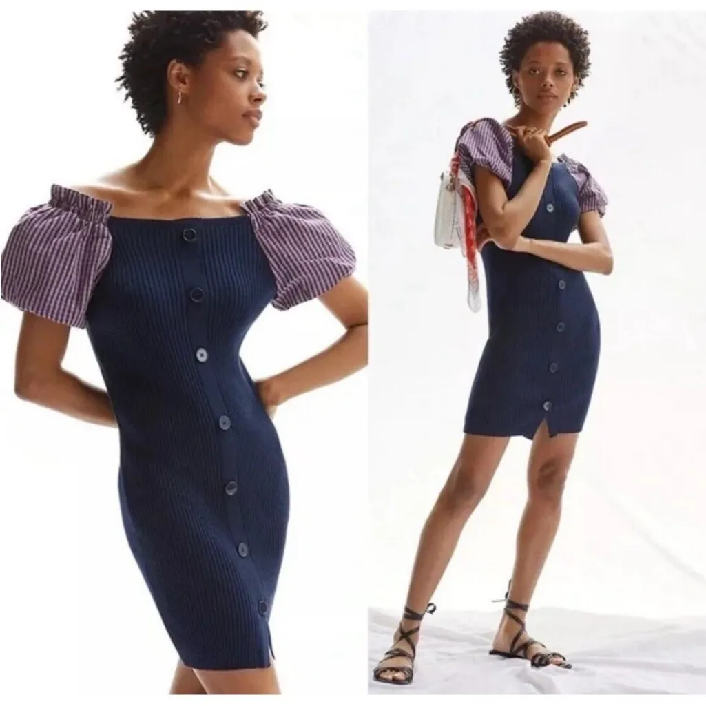 Maeve Navy Ribbed Knit Puff Gingham Mini Dress Size Medium - Image 2